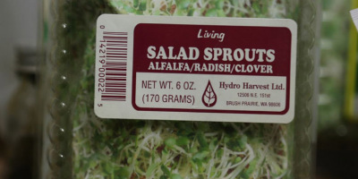 Reclaimed packaging from recalled alfalfa sprouts on display in the museum.