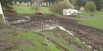 Muddy fields with a deluxe chicken “coop” in the background.