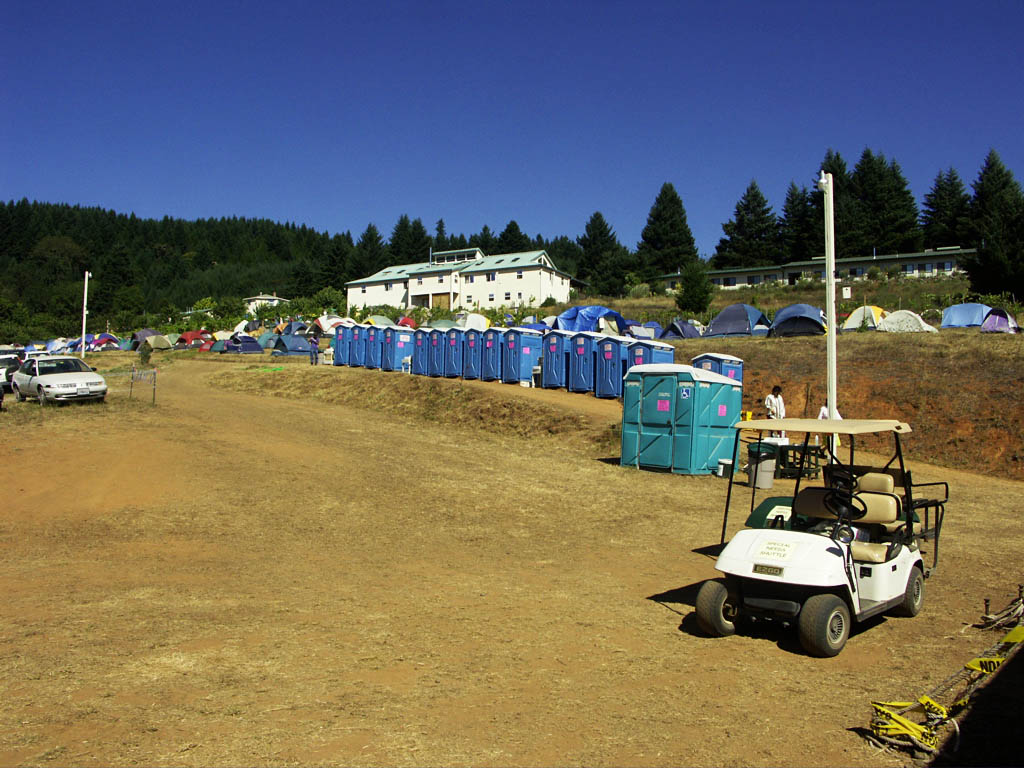 This large collection of portable toilets and sinks were available to the 750+ campers.