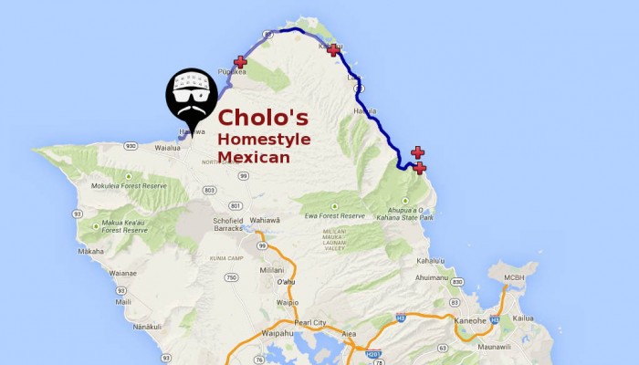The 2011 North Shore Century Ride route and the location of Cholo's.