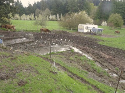Muddy fields with a deluxe chicken “coop” in the background.