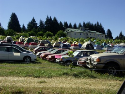 Large parking lot and camping area of the spiritual retreat.