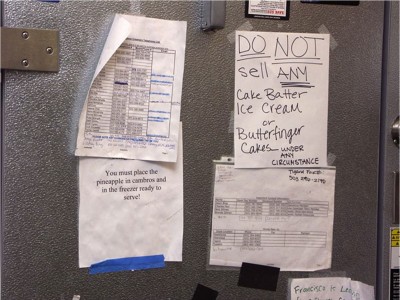 Cold Stone Creamery – Tigard, OR: A Cold Stone Creamery store posted this sign on their walk-in cooler. Cold Stone Creamery voluntarily recalled cake batter ice cream on July 1, just two days after the outbreak was initially detected.
