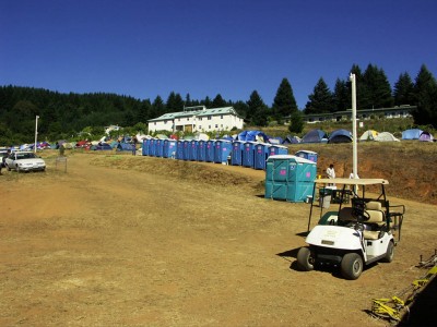 This large collection of portable toilets and sinks were available to the 750+ campers.